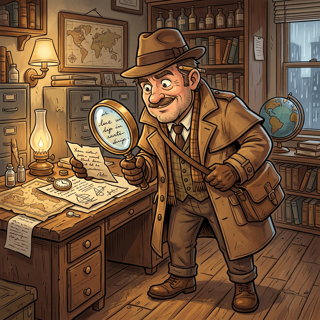 Detective examining a note with magnifying glass in cluttered office