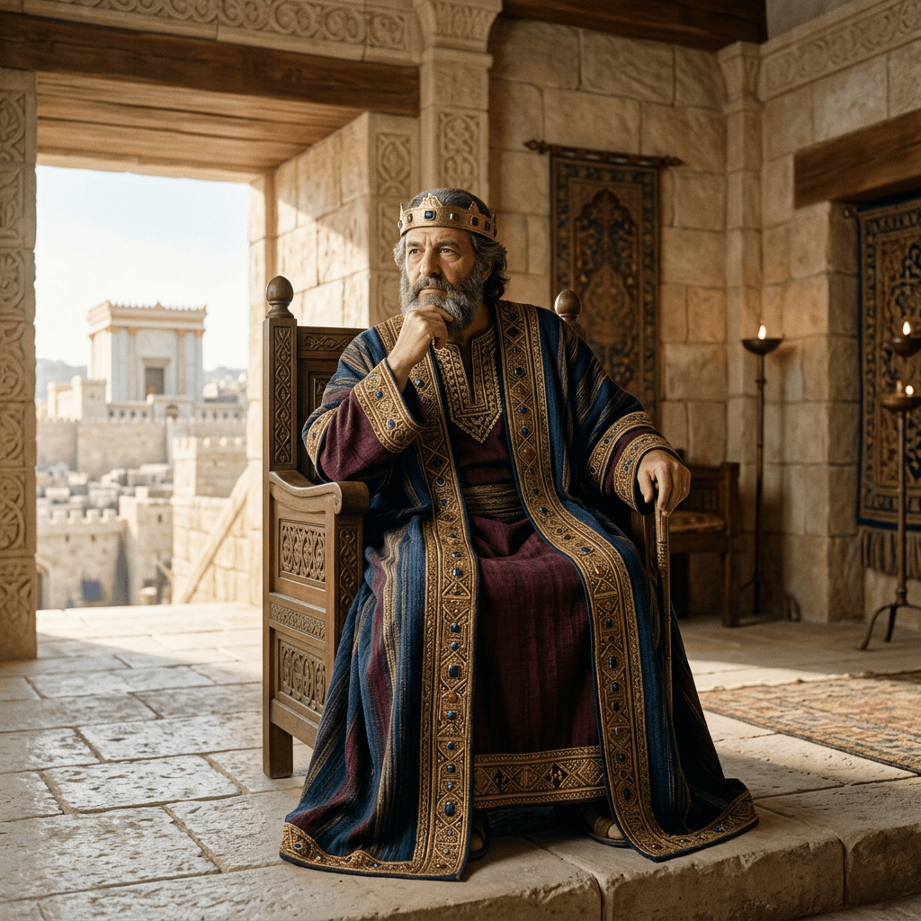 Ancient king with a crown seated on a wooden throne in a stone room overlooking a fortress
