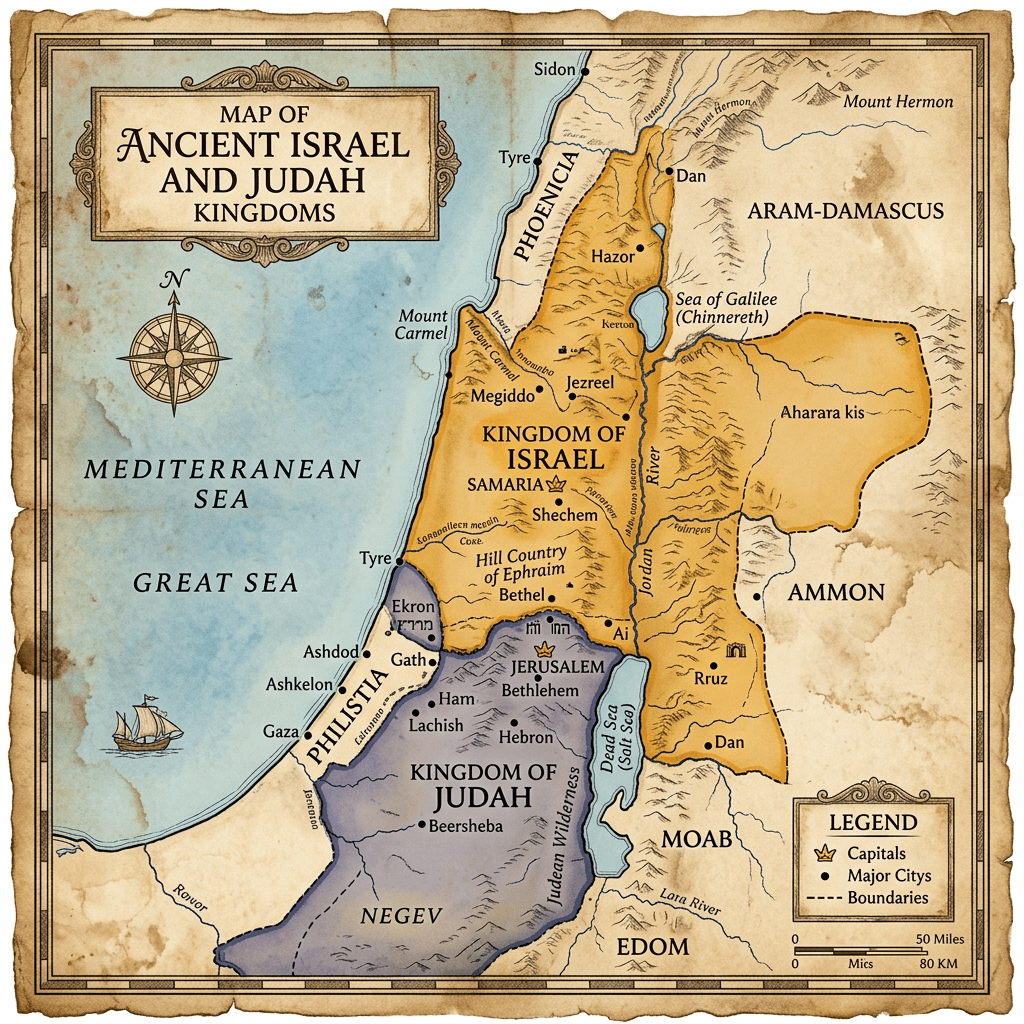 Map of ancient Israel and Judah kingdoms with cities, borders, and seas