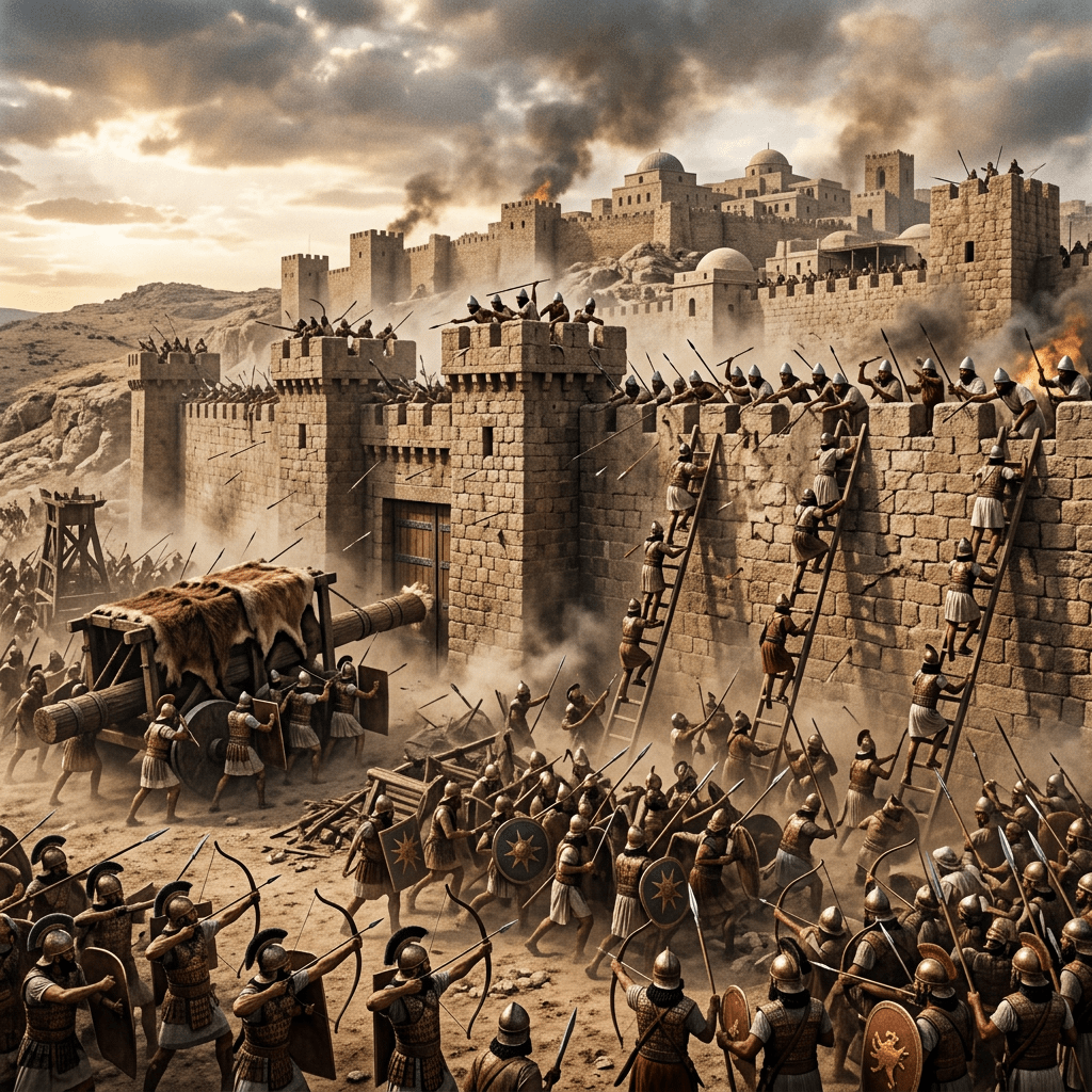 Soldiers assaulting a fortified city wall using ladders, archers shooting arrows, and a battering ram under siege