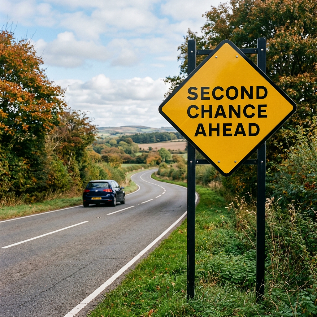 Yellow diamond road sign reading 'SECOND CHANCE AHEAD' beside a rural winding road