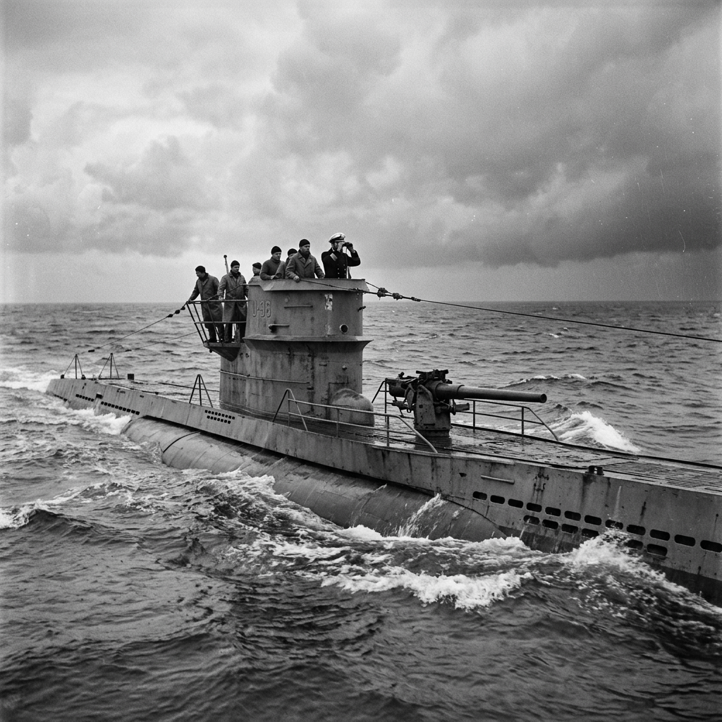 WWII German submarine U-boat U-36 surfaced with crew standing on deck