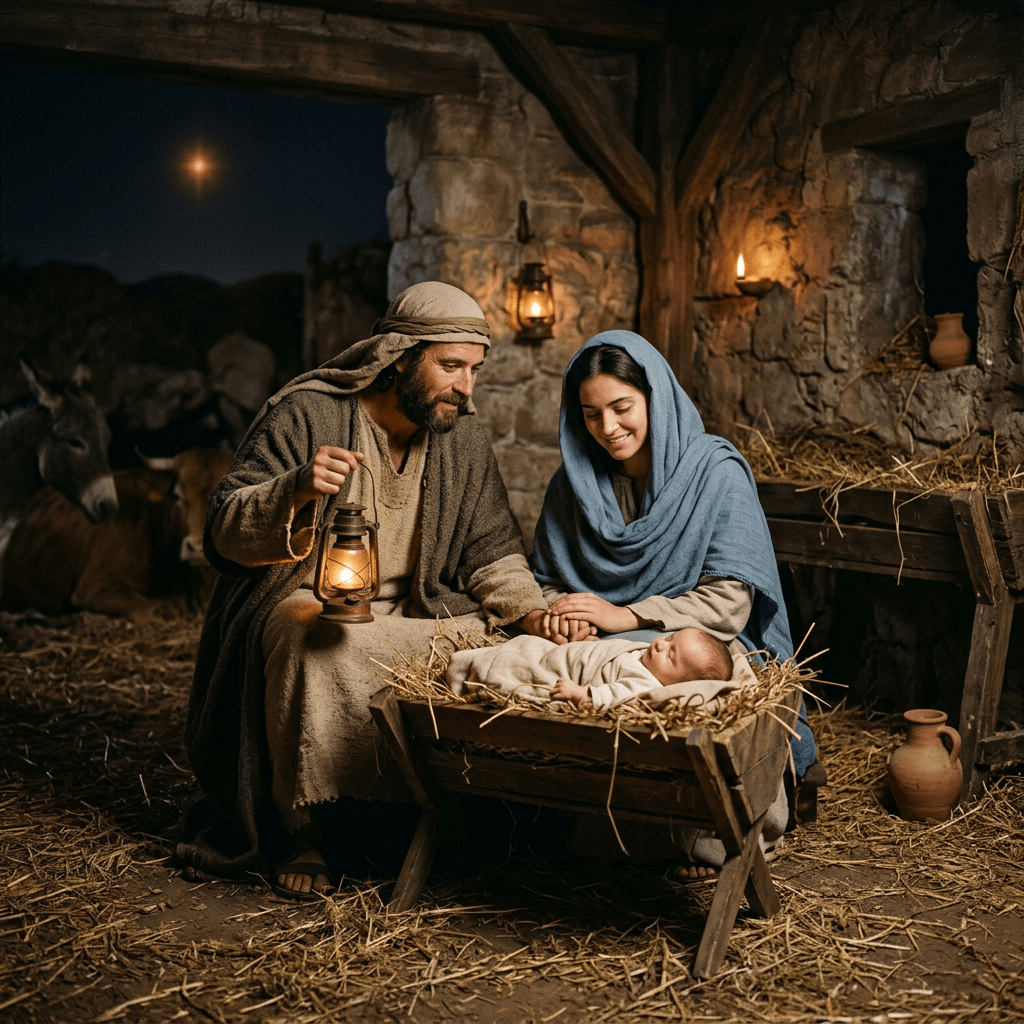 Mary and Joseph looking at baby Jesus in a manger inside a stable at night