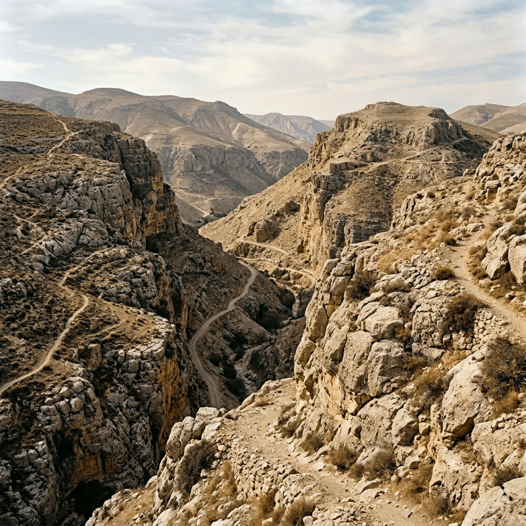 Travelers walking on a narrow rocky mountain path with an ancient fortress on a cliff ahead