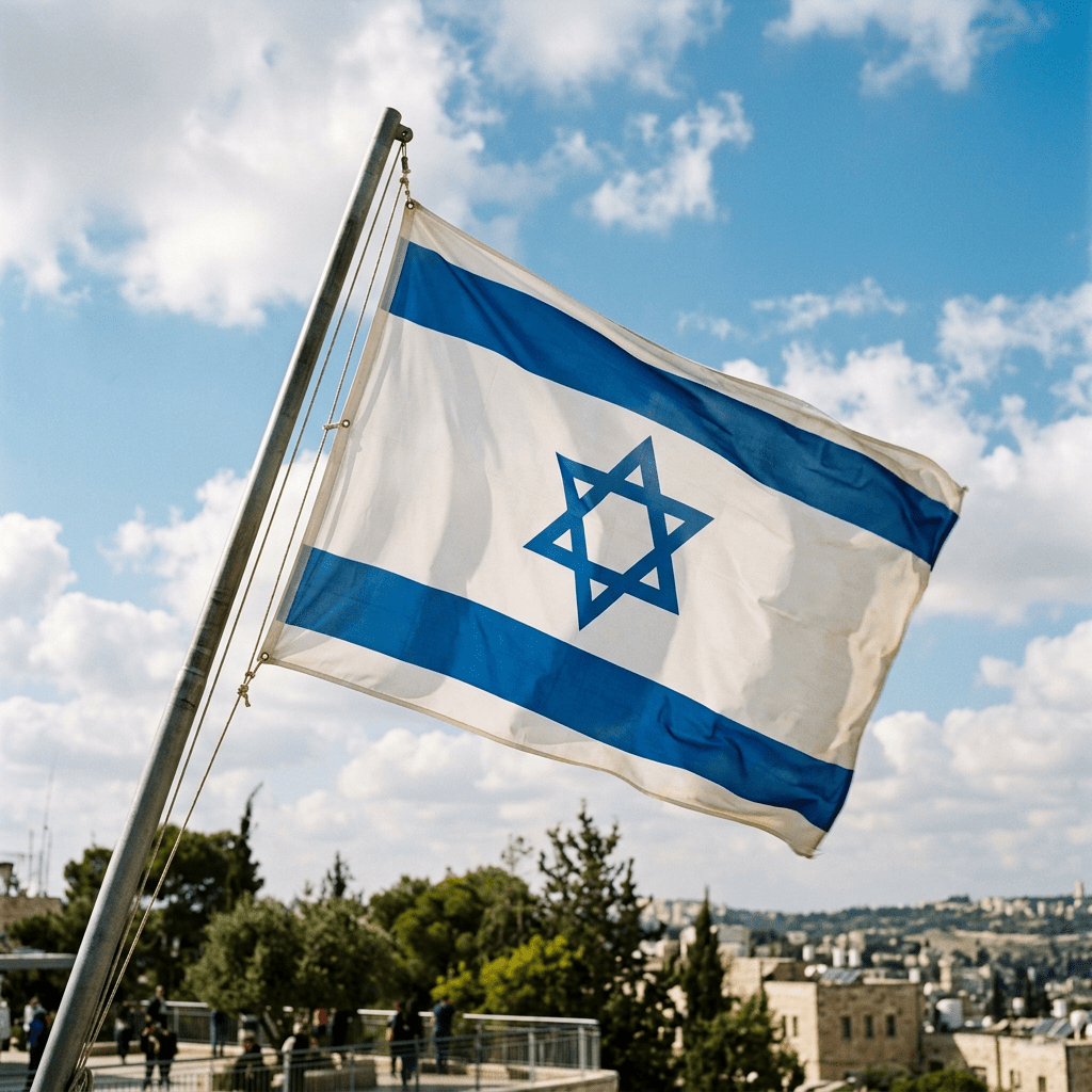 Israeli flag with Star of David flying on a pole outdoors