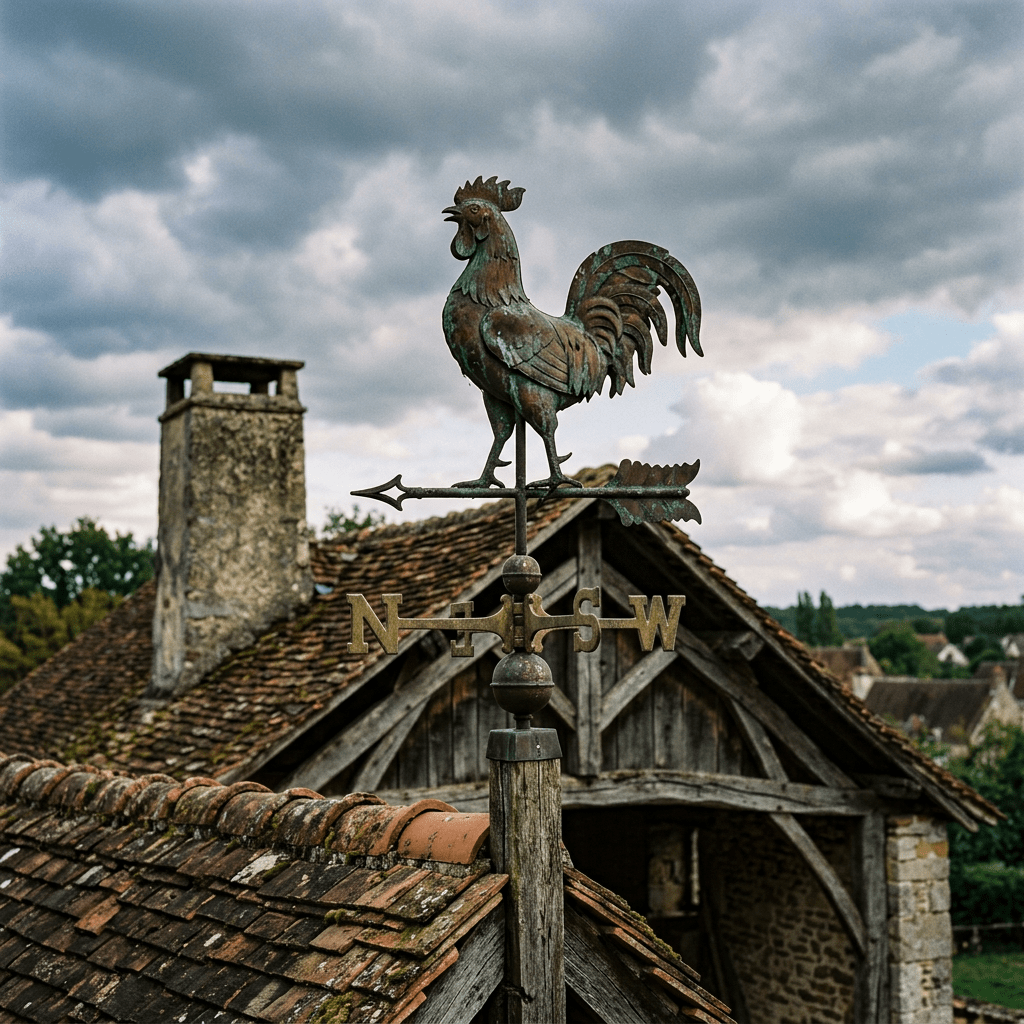 Rooster-shaped weather vane on roof with chimney and cloudy sky