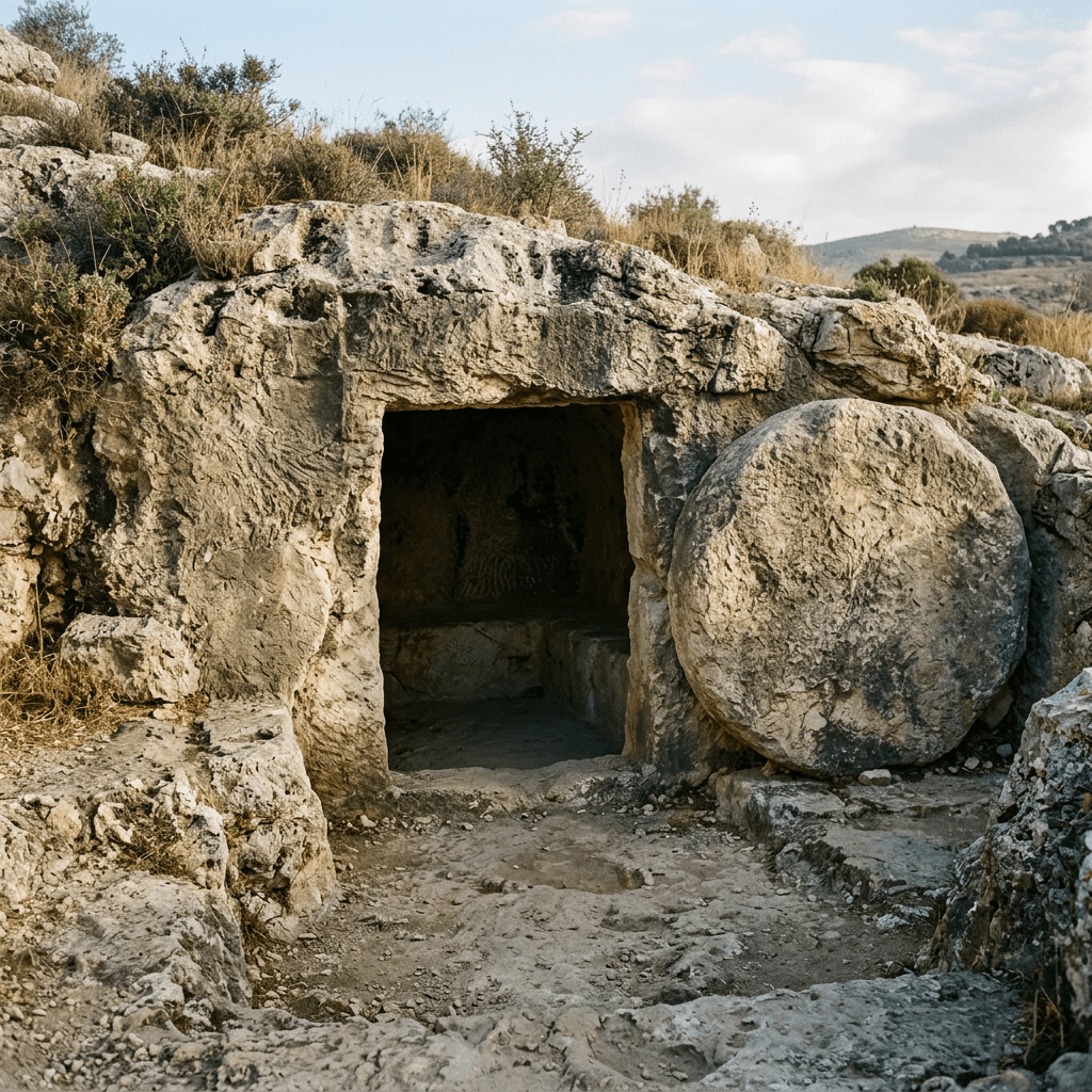 Entrance of ancient rock-cut tomb with large round stone door partially open
