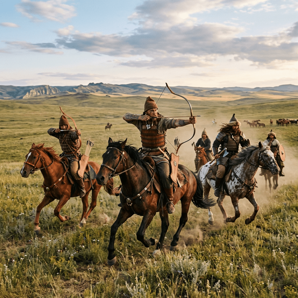 Mounted archers in traditional armor aiming bows while riding horses in a vast grassy landscape