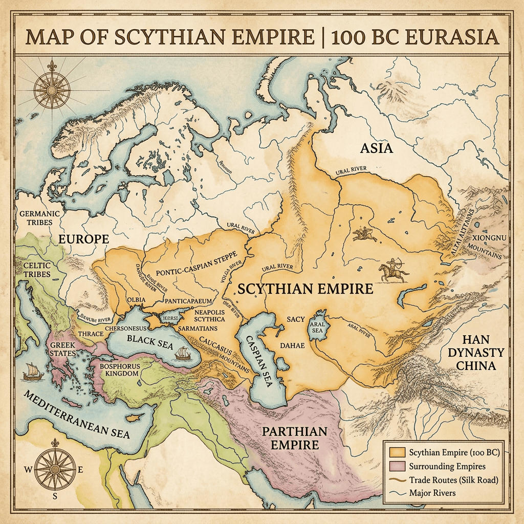 Map of the Scythian Empire and surrounding areas in Eurasia around 100 BC highlighting major empires, rivers, and trade routes