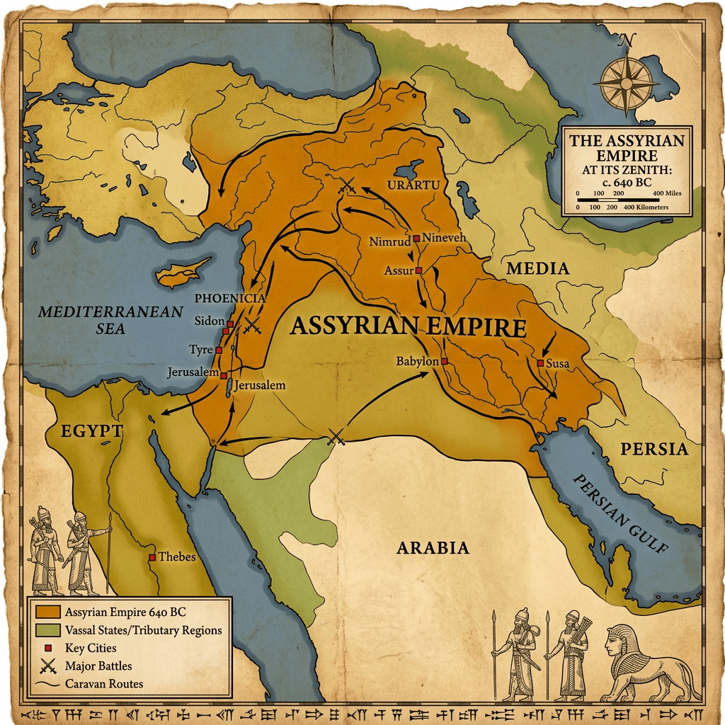 Map of Assyrian Empire in 640 BC with key cities, battles, caravan routes, and vassal states.