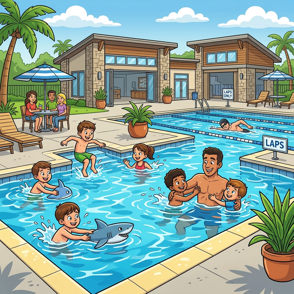 Swimming instructor with children practicing swim strokes in pool lanes